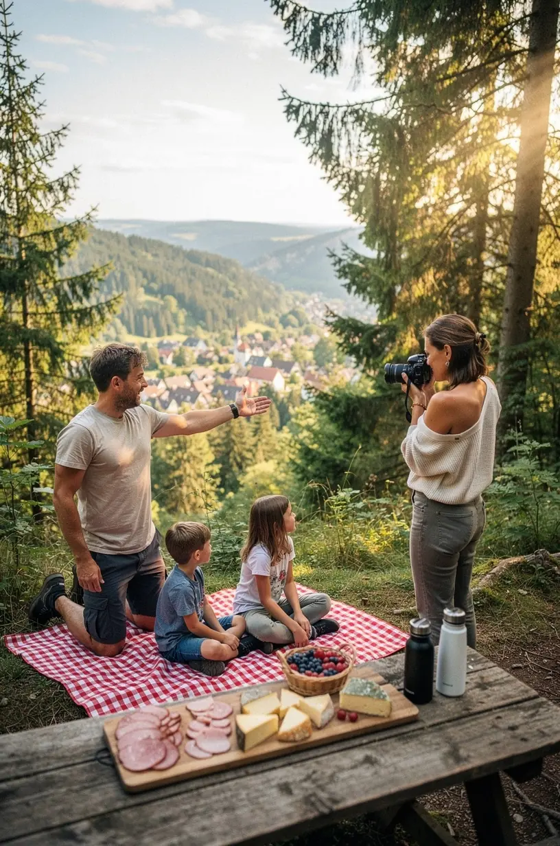Parkbank am Waldrand eines ruhigen Wanderwegs mit Blick auf bunte Herbstbäume und sanfte Hügel einer abgelegenen Region.