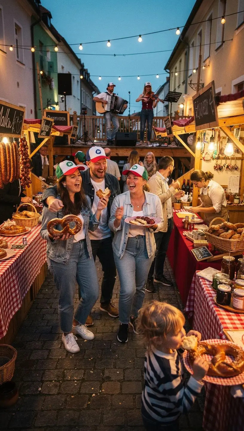 Gemütliches Straßencafé in einer ruhigen Kleinstadt, serviert lokale Spezialitäten mit Blick auf eine belebte Fußgängerzone.